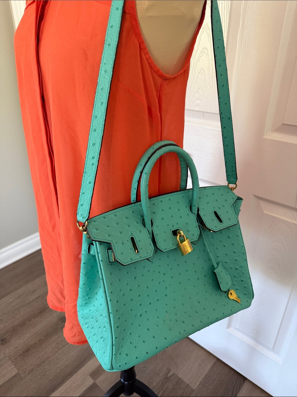 House of Hello Turquoise Ostrich-Texture Leather Tote with Gold Hardware
